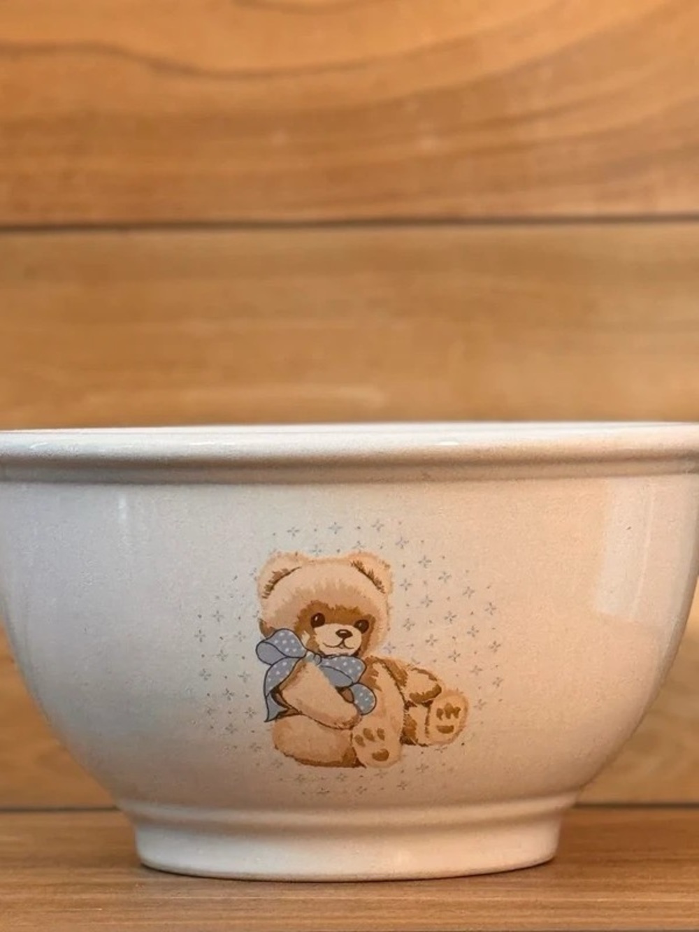 Cream Ceramic Serving Bowl with Blue-Bow Teddy Bear Motif
